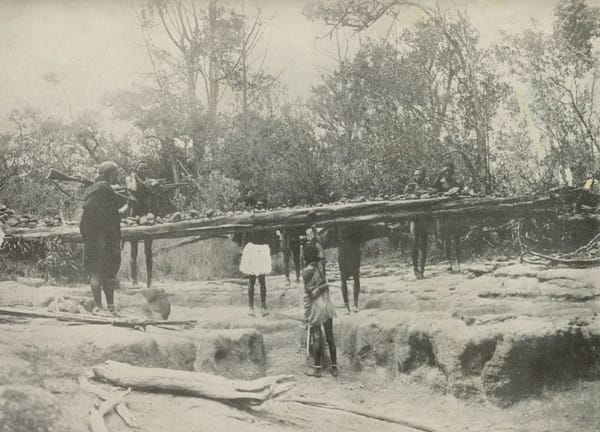 Placing small stones on a fallen tree.